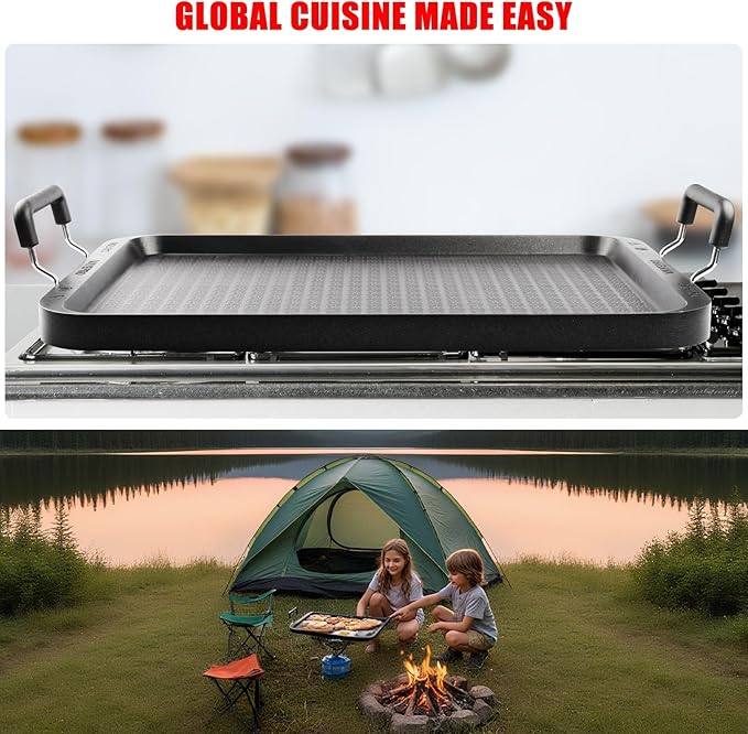 22"x12" Large Family Griddle Pan - Double Burner Griddle Comals Para Tortillas Grande, Non-Stick PFOA-Free Aluminum Grill Pan for Gas Stove/electric stovetops/Indoor/Outdoor Camping