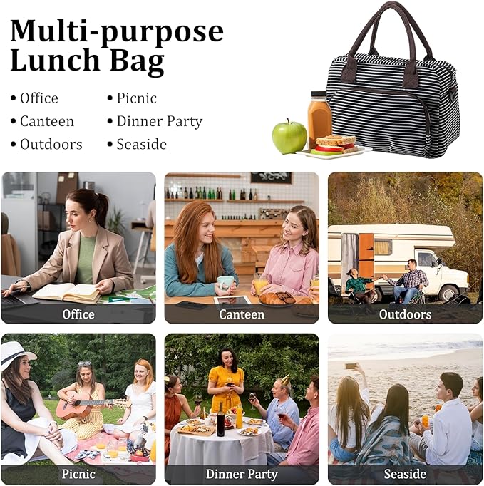MEXS Lunch Bag for Women Men Insulated Reusable Large Lunch Box Adult Striped Leakproof Portable Cooler Tote Bags for Work Picnic