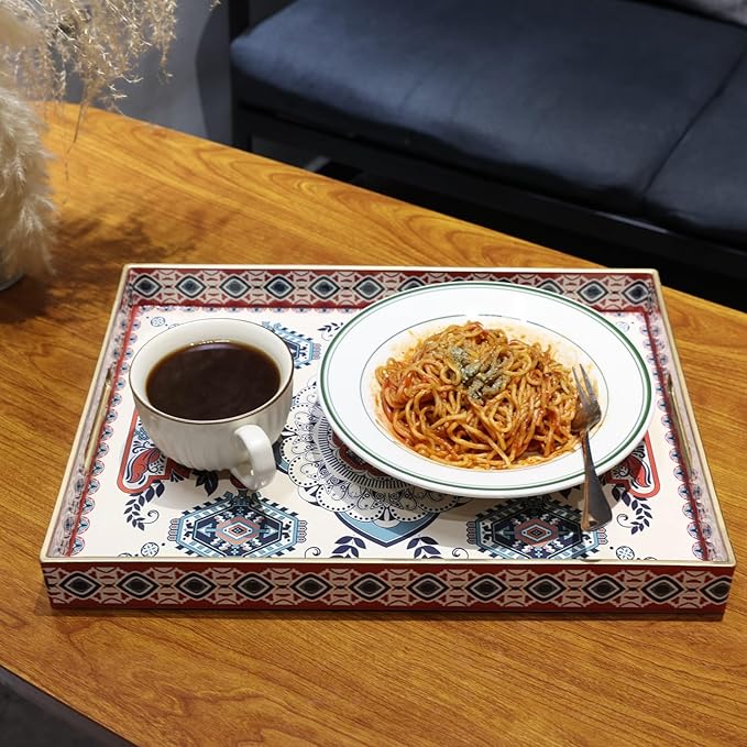 Rectangle Plastic Serving Tray with Handles, Elegant Decorative Tray for Coffee Table, Ottoman, Living Room, Kitchen, Outdoor Use. 12"*16"*1.6" C