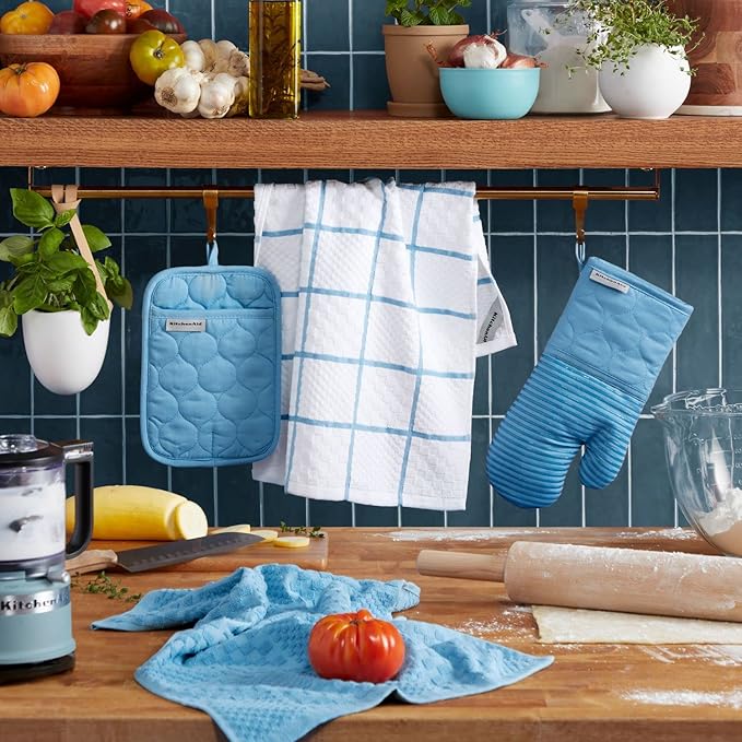 KITCHENAID Quilted Cotton Terry Cloth Oven Mitt, Pot Holder, Kitchen Towel 4-Pack Set, Heat Resistant, Silicone Grip, Gift Set, Blue Velvet, 16"x26", 7"x13" & 7"x10"
