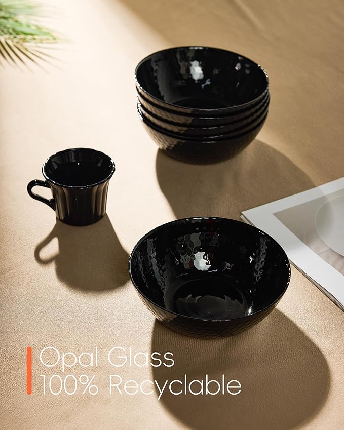 27 OZ Max Cereal Soup Bowl Set of 6, Opal Glass 7.2 inch Black Geometric Faceted Bowls for Ramen, Noodle, Salad, Fruit, Dishwasher and Microwave Safe