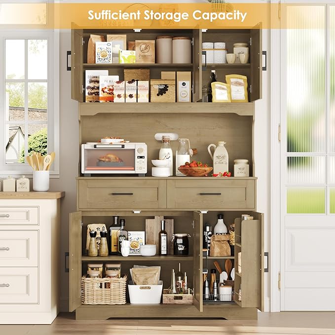 FACBOTALL Tall Kitchen Pantry Cabinet, Farmhouse Food Pantry Cabinet with Doors and Adjustable Shelves, Kitchen Hutch with Countertop and Microwave Stand for Dining Room, Living Room, Oak Color