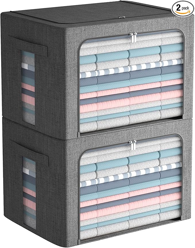 FHSQX Extra Large Clothes Storage Bins Foldable Metal Frame Storage Box Stackable Linen Fabric Box Organizer Set with Carrying Handles and Clear Window -100L (Gray, 23.6x 16.5x 15.7 Inch)