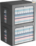 FHSQX Extra Large Clothes Storage Bins Foldable Metal Frame Storage Box Stackable Linen Fabric Box Organizer Set with Carrying Handles and Clear Window -100L (Gray, 23.6x 16.5x 15.7 Inch)