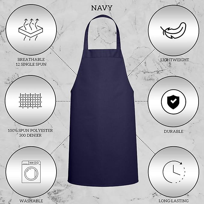 GREEN LIFESTYLE 12 Pack Professional Chef Apron – Grilling Aprons for Men, Waterproof Cooking Apron for BBQ, Work or Restaurant Use, Kitchen Aprons for Women – Navy, No Pockets