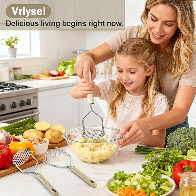 Potato Masher Stainless Steel, 2pcs Heavy Duty Mashed Potato Mashers - Masher Kitchen Tool & Food Mashers for Potatoes, Beans, Avocado, Meat, Vegetables Dishwasher Safe