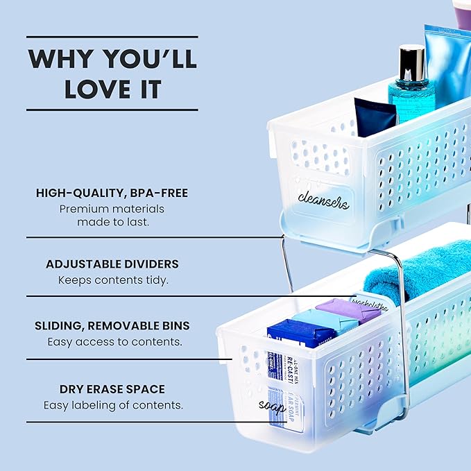 madesmart 2-Tier Plastic Mini Multipurpose Organizer with Divided Slide-Out Storage Bins, Compact Under Sink and Cabinet Organizer Rack, Frost