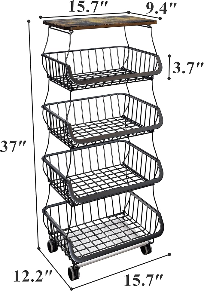 SAYZH Fruit Basket Kitchen Pantry Organizers and Storage - Wooden Top Table, Stackable Metal Wire Basket Stand Cart for Fruit Vegetable Snacks Onion Potato Organization, Black