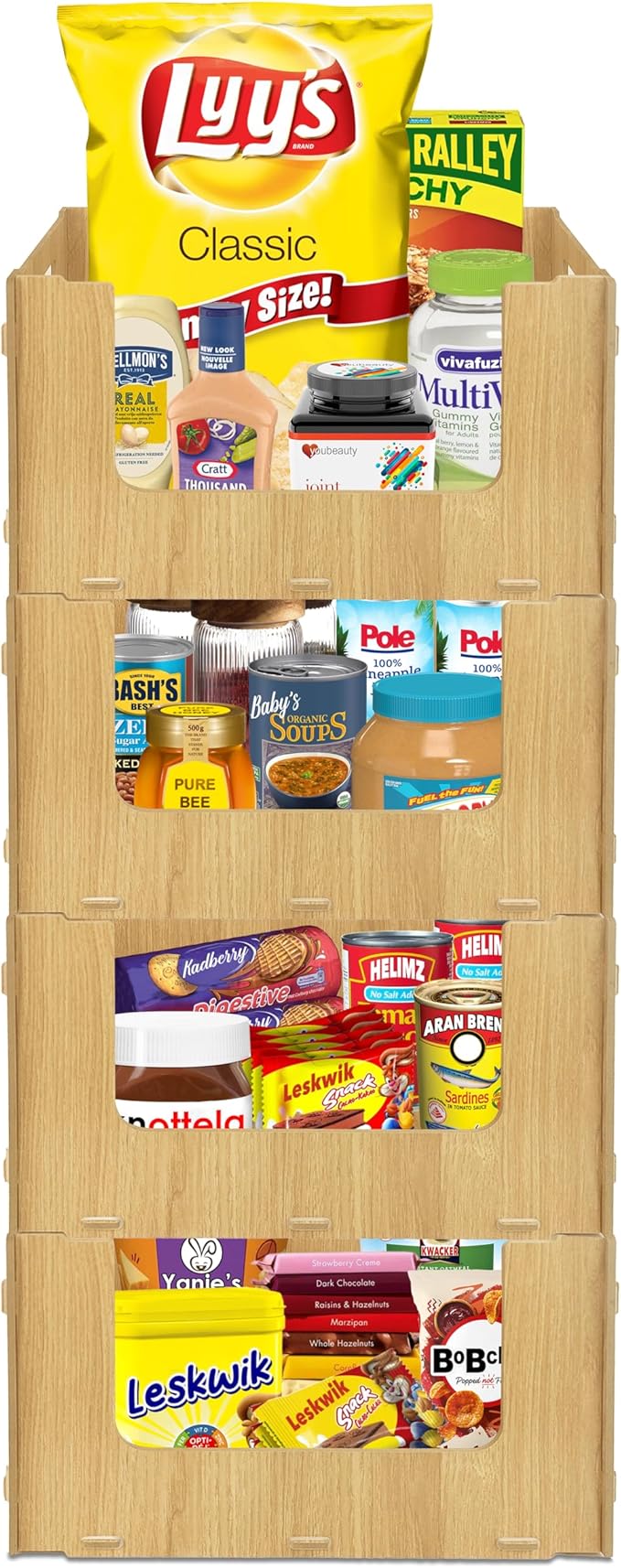 TidyFriend Wooden Stackable Storage Bins for Pantry Organizers and Storage 4 Pack, Pantry Storage for Food, Kitchen and Home Organization (Wood)