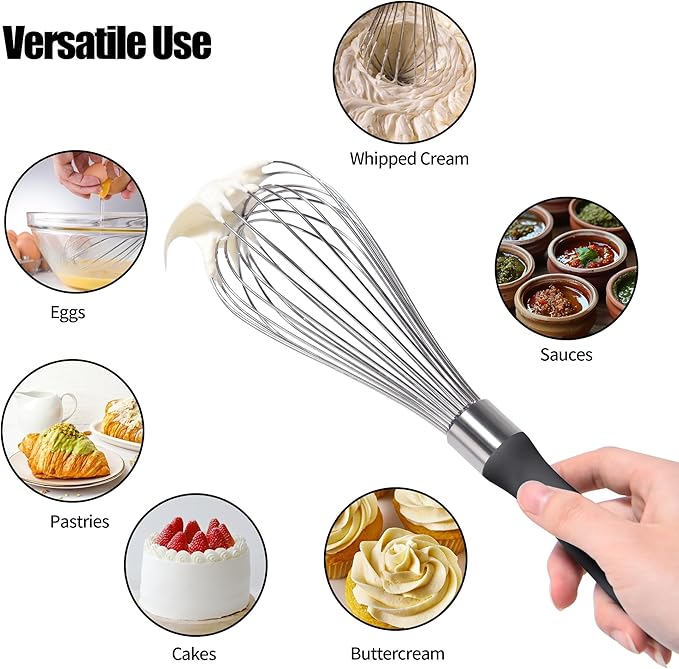 18/8 Stainless Steel Balloon Whisk, Doosu Kitchen Whisk for Cooking Handheld Egg Beater with Rust-Proof Sturdy Wires & Non-Slip Silicone Handle for Beating, Stirring, Blending (12 Wires, Black)