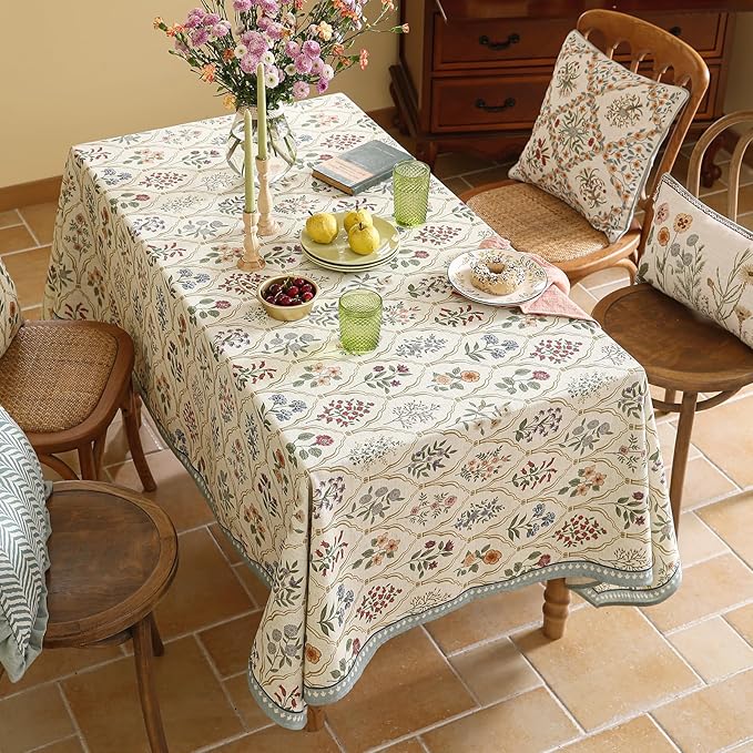 ISAENNE Designer Linen Long Tablecloth Rectangle,Western Colorful Floral Indoor Table Cloth,Wrinkle Resistant Decor Tablecloths for Dining Thanksgiving Kitchen Christmas,63"*102"-Serenity B