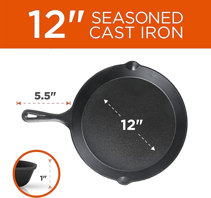 Commercial CHEF 3-Piece Cast Iron Skillet Set – 8 inch, 10 inch, and 12 inch - Pre-seasoned Cast Iron Cookware