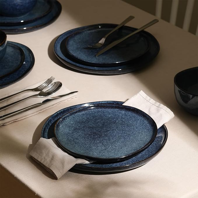 Stone Lain Mirella 24-Piece Stoneware Dinnerware Set, Service for 8 – Reactive Glaze, Deep Blue – Includes Dinner Plates, Salad Plates, and Bowls – Modern Organic Design