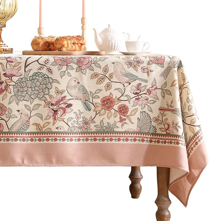 patdrea Designer Pink Linen Table Cloth for Rectangle Table,Vintage Floral with Birds Pattern Decorative Tablcloth,French Table Cover for Kitchen Dining,Thanksgiving,Christmas,67"x118"-Kulom a
