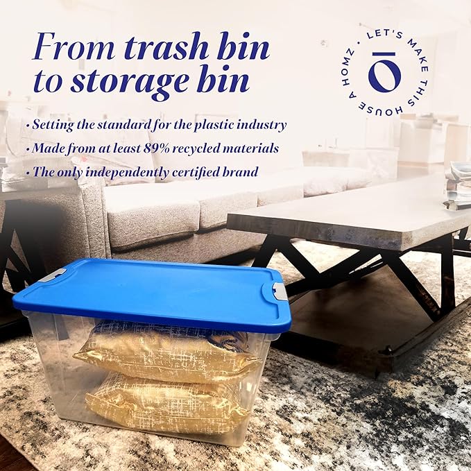 HOMZ 2-Pack Secure Latch, Clear Plastic Storage Organizer Bins, 64 Quart, Blue Lid - Stackable Container Boxes for Bedroom, Bathroom, Garage, and Office Organization