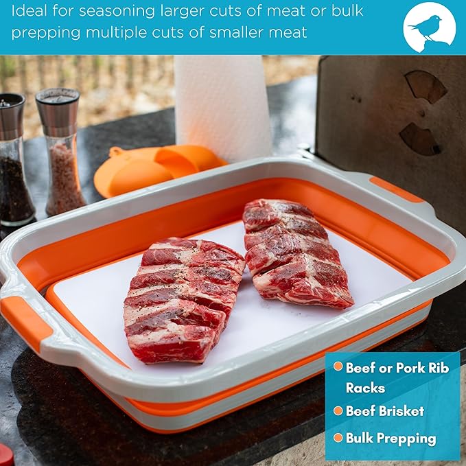 BIRDROCK HOME Collapsible XL BBQ Prep Tub w/Cutting Board, Multi-Function Grill Caddy w/Colander & Lid, Portable Silicone Dish Bowl for Picnic, Tailgate, Camping - Orange