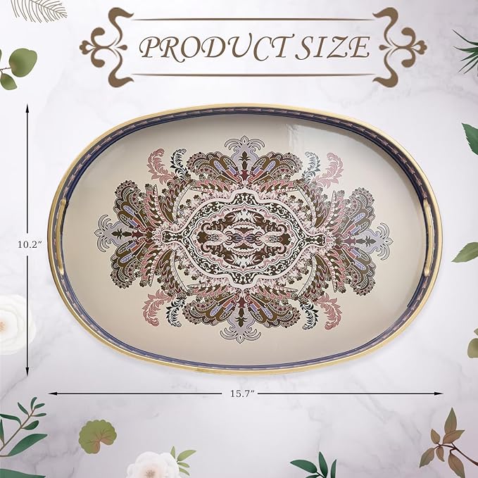 Oval Plastic Serving Tray with Handles, Elegant Decorative Tray for Coffee Table, Ottoman, Living Room, Kitchen, Outdoor Use. 10"*16"*1.4" B