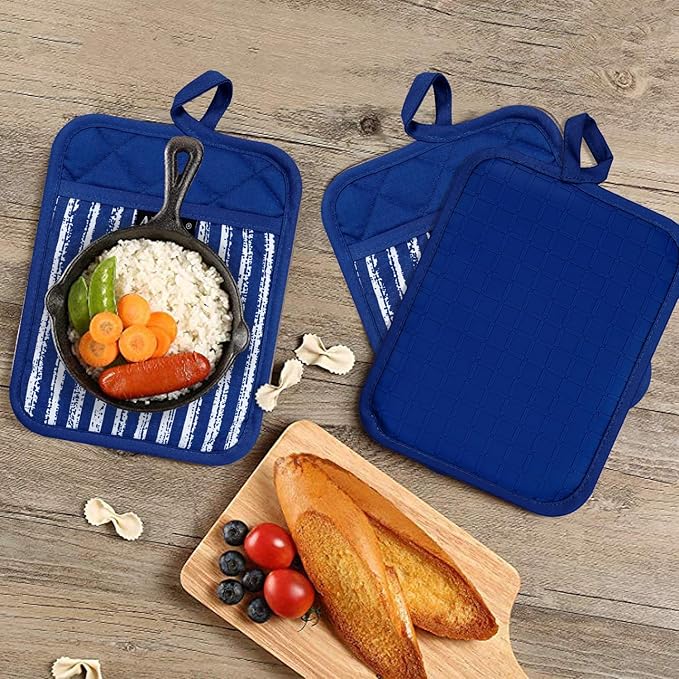 Silicone Pot Holders Set of 3 Heat Resistant & Non Slip Potholders, Professional Oven Hot Pads with Pockets Mitts for Kitchen Cooking Baking Barbecue (Cobait Blue, 3)