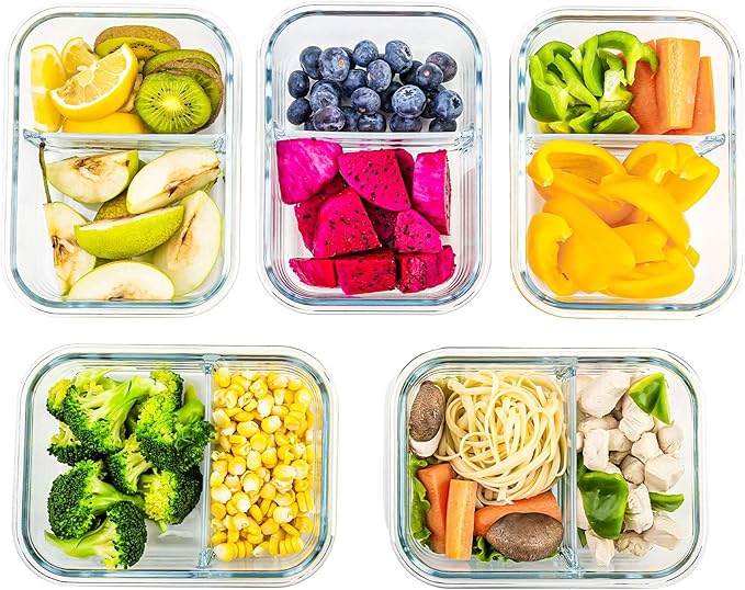 CREST Glass Meal Prep Containers 2 Compartment Set, 5-Pack, 34oz,Divided Bento Lunch Boxes with Lids for Adults