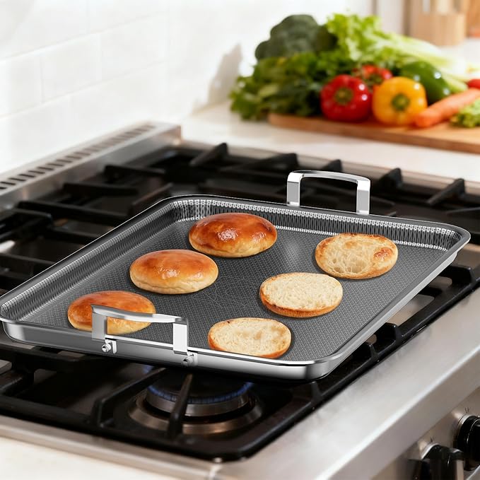 Stainless Steel Double Burner Griddle Pan, Nonstick Flat Top Grill Plate with Stainless Steel Handles, Induction Ready, Compatible with All Cooktops, Dishwasher-Friendly, Oven-Safe, Rectangular