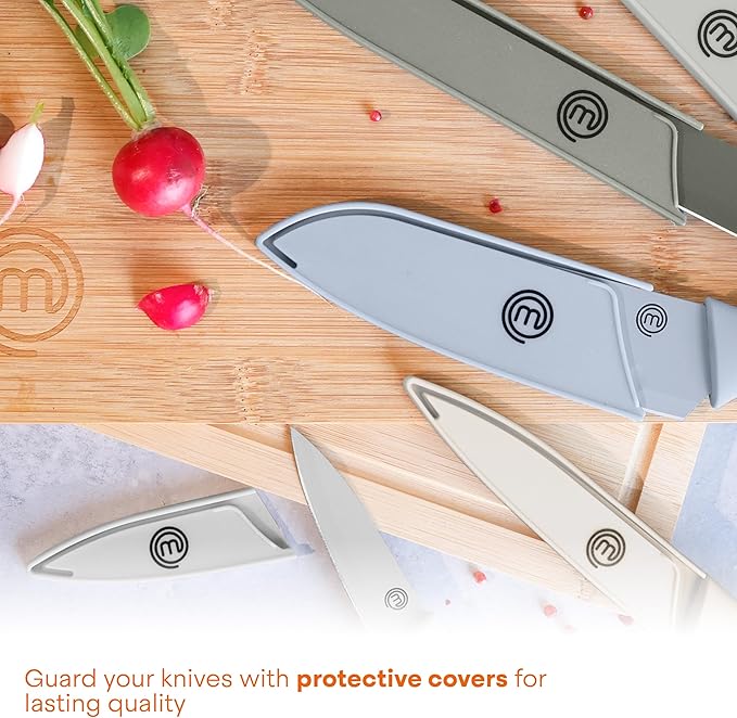 MasterChef Kitchen Knife Set with Covers, 6 Professional Chef Knives for Home Kitchens, Extra Sharp Cutting Stainless Steel Blades & Protective Sheaths, Soft-Touch Easy-Grip Handles, Earth Greys