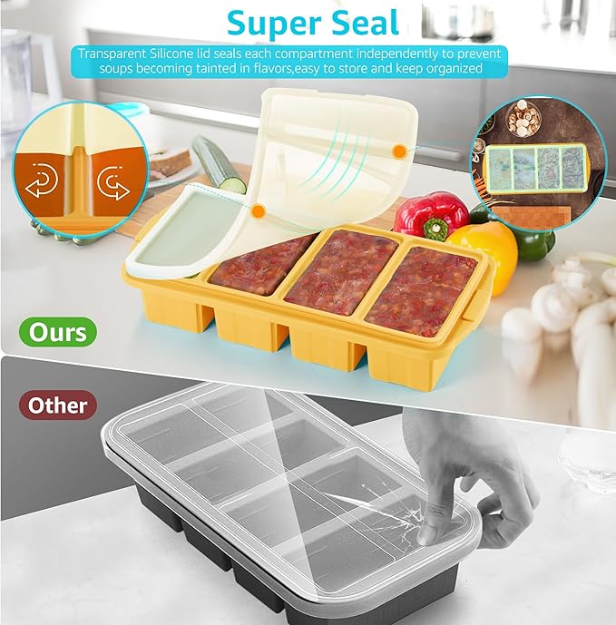 Silicone Freezer Tray With Lid - Silicone Freezer Food Molds- Large Ice Cube Tray,Silicone Freezer Container,Freeze & Store Soup, Sauce, Broth,Leftovers - Makes 4 Perfect 1 Cup