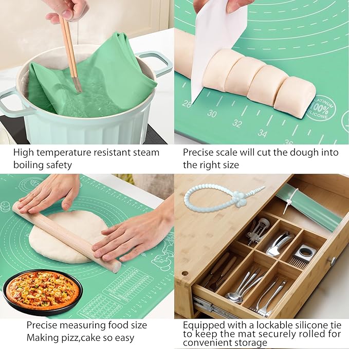 Silicone Pastry Mat 32" x 24" Extra Thick Non Stick Baking Mat with Measurements and Edge Heightening, Food Grade Silicone Rolling Mat for Pastry, Bread, Cookies, Pizza, Fondant, Pasta