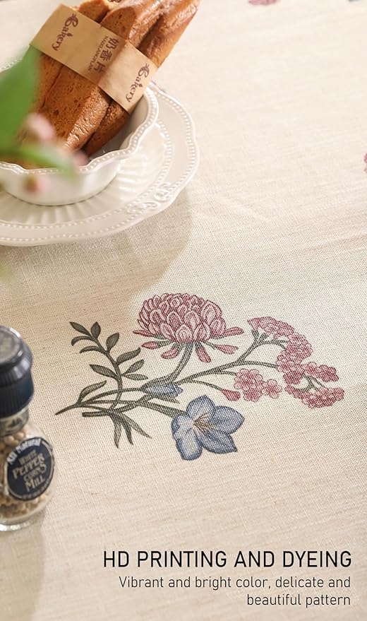 ISAENNE Designer Linen Light Beige Long Table Cloth Rectangle,French Colorful Floral Tablecloth,Stain Resistant Decor Tablecloths for Dining Thanksgiving Christmas Kitchen,63"*102"-Helena E