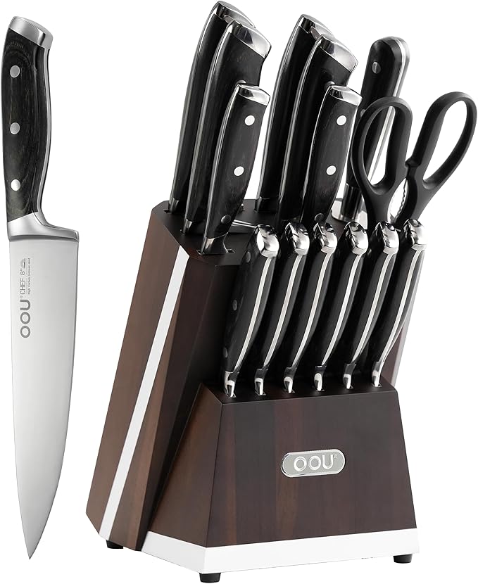 OOU 2025 Kitchen Knife Set with Block, 15-Piece German Stainless Steel Knife Blcok Set with Sharpening Rod, Ergonomic Wood Handle,Premium Razor-Sharp Knives Set for Kitchen