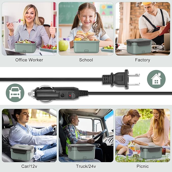 Electric Lunch Box Food Heater 100W, 4 in 1 Ultra Quick Heated Lunch Boxes for Adults 12V/24V/110V/220V Portable Food Warmer for Car/Truck/Office With Fork Spoon and Insulated Carry Bag