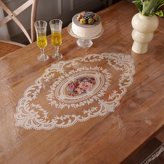 Waterproof Clear Table Cover Protector, Vinyl Rectangle Table Cloth with Lace Pattern Oil Spill Proof Wipe Clean Plastic Tablecloths for Dining Tables (French Lace, 55 x 84 Inches)