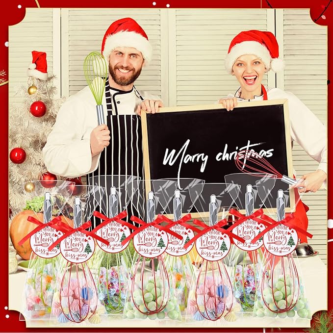 100 Sets 12 Inch Christmas Whisks Gifts DIYFillable Christmas Tree Ornaments Xmas Colored Silicone Whisks for Cooking Heat Resistant Egg Beaters with Card Rope Bag for Candy Holder