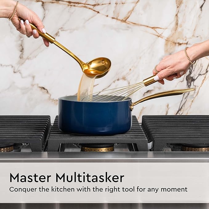 Gold and Navy Blue Kitchen Utensils Set - 7-Piece Silicone Cooking Tools for Nonstick Cookware with Utensil Holder - Stylish Cooking Gifts for Modern Kitchens
