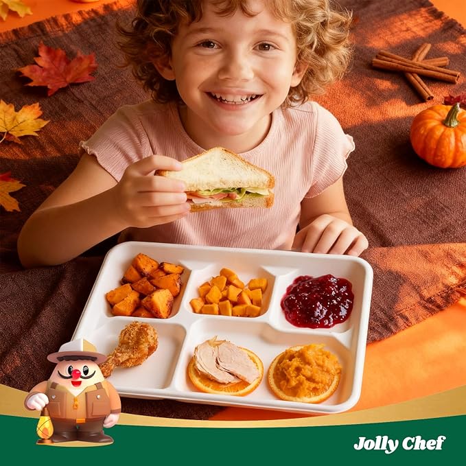 JOLLY CHEF Compostable 𝟱 Compartment Paper Plates 10*8.25*1 𝗶𝗻𝗰𝗵 [𝟭𝟮𝟱 𝗣𝗮𝗰𝗸] Small Heavy Duty Divided Disposable White Eco-Friendly Biodegradable Food Tray for School Lunch Thanksgiving Day