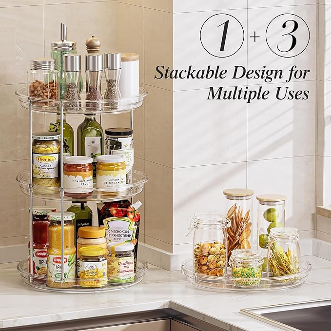 LAMU 10.6in Rotating Makeup Organizer for Vanity, 2 Tier Lazy Susan Turntable Stackable Spinning Skincare Organizer Cosmetic Perfume Tray for Bathroom Counter, Large Capacity, Clear