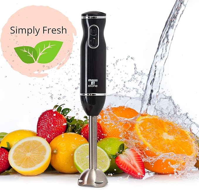 Moss & Stone Hand Blender Electric With Egg Whisk & Chopper, Powerful 300 Watt Immersion Hand Blender Set, Mixer Set Stainless Steel Shaft & Blades, Black Handheld Mixer With Ergonomic Grip