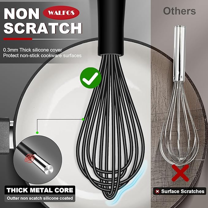 Walfos Silicone Whisk,11 Inch Silicone Whisks for Cooking Non Scratch,BPA Free Kitchen Whisk Heat Resistant (480°F) Perfect for Blending,Whisking,Beating,Mixing.Dishwasher Safe (Black）