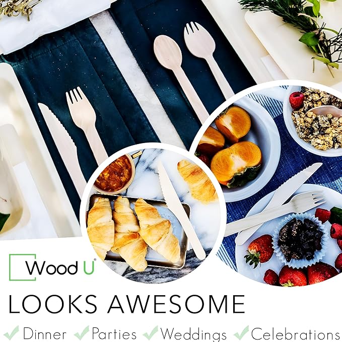 WoodU Disposable Wooden Knives 100% All-Natural, Eco-Friendly, Biodegradable, and Compostable - Pack of 200-6.5" Knife