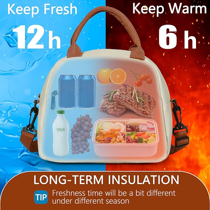 Insulated Lunch Bag For Women, Men Waterproof Cooler Bag Lunch Box For Women Portable Reusable Two-Tone,With Adjustable Straps Can Be Used For Work,White and Brown