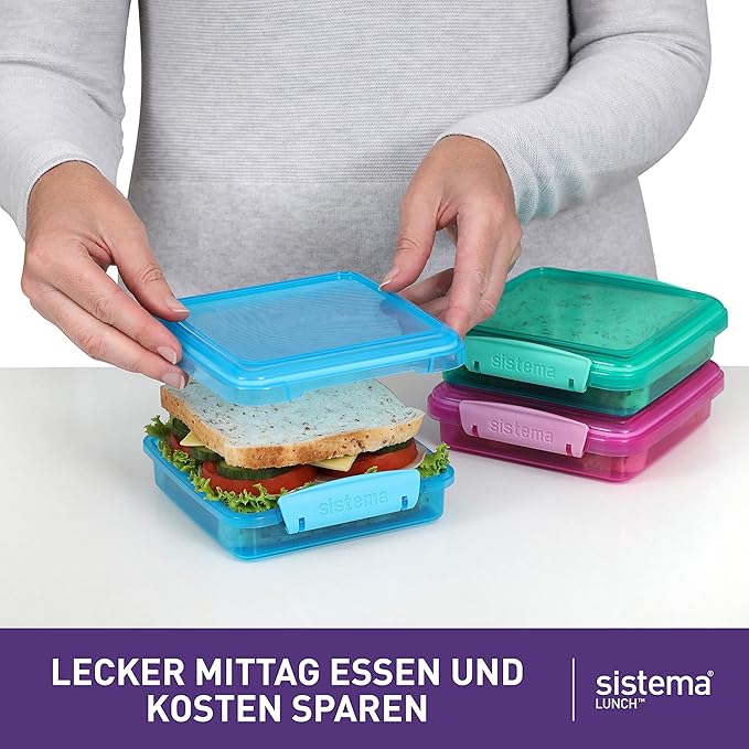 Sistema 3-Piece Sandwhich Containers for Lunch Boxes and Meal Prep, Dishwasher Safe, 1.9-Cup, Blue/Green/Pink