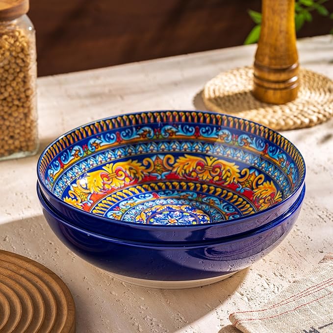 Large Serving Bowls Set of 2, Bohemian Style 10" Large Ceramic Bowls for Entertaining and Party, Bowls for Pasta Soup Fruit Ramen Cereal, Dishwasher Oven Safe
