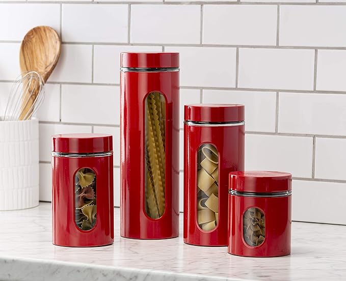 Quality Modern Red Stainless Steel Canister Set for Kitchen Counter with Glass Window & Airtight Lid - Food Storage Containers with Lids Airtight - Pantry Storage and Organization Set