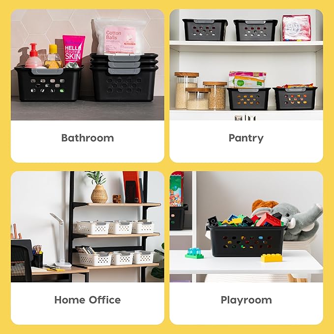 IRIS USA Plastic Basket, 12-Pack, Small, Shelves Storage Basket for Organizing Pantry, Cabinet, Bedroom, Closet, Laundry Room, Office, Black