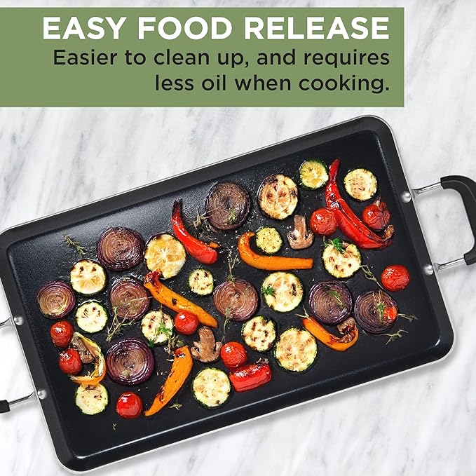 Ecolution Artistry Nonstick Double Burner Griddle, Easy To Clean, Cool Touch Silicone Handle, Dishwasher Safe Pots and Pans, 12-Inch x 18-Inch, Black