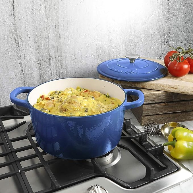 Crock-Pot Artisan 5-Quart Round Enameled Cast Iron Dutch Oven – Blue, Durable Heavy-Duty Cookware for Slow Cooking, Roasting, Baking with Lid