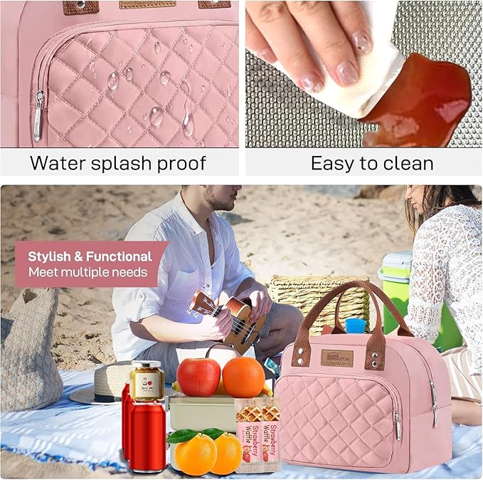 HOMESPON Lunch Bag for Woman Man Adults with Front Pocket Insulated Lunch Tote Lunch Box Container for Work Picnic or Travel(Pink)