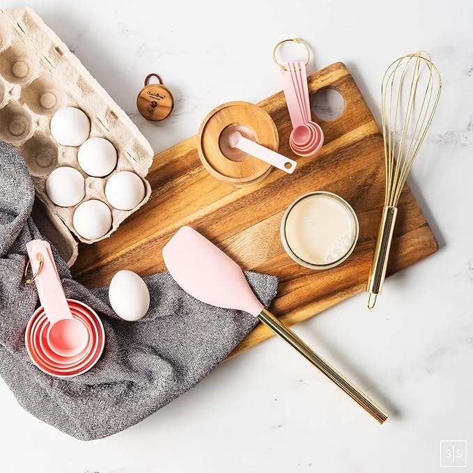 Pink and Gold Kitchen Utensils Set - 17-Piece Kitchen Tools Include Silicone Cooking Utensils, Spatula Holder, Measuring Cups and Spoons for Baking, Cooking - Stylish Pink Kitchen Accessories