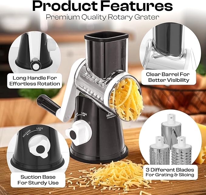 Rotary Cheese Grater Hand Crank - Cheese Shredder Hand Crank with Handle, Vegetable Shredder with 3 Stainless Steel Blades & Strong Suction Base – Round Slicer & Food Chopper for Kitchen