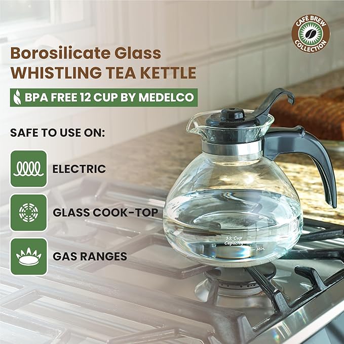 Borosilicate Glass Stove Top Whistling Tea Kettle - 12 Cup/48oz Capacity - BPA-Free - German Made Glass Kettle for Gas, Electric, and Glass Ranges