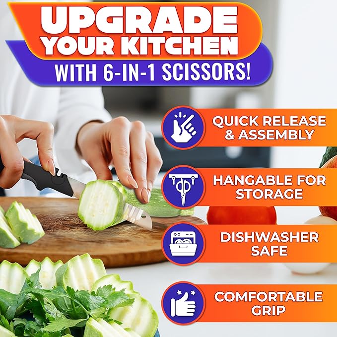 Cutting Board Scissors for Food – 6-in-1 Kitchen Food Scissors with Ribbed Blade, Automatic Spring & Safety Lock, Dishwasher Safe – Kitchen Shears for Easy Slicing of Meat, Fish, Veggies Fruits, Bread